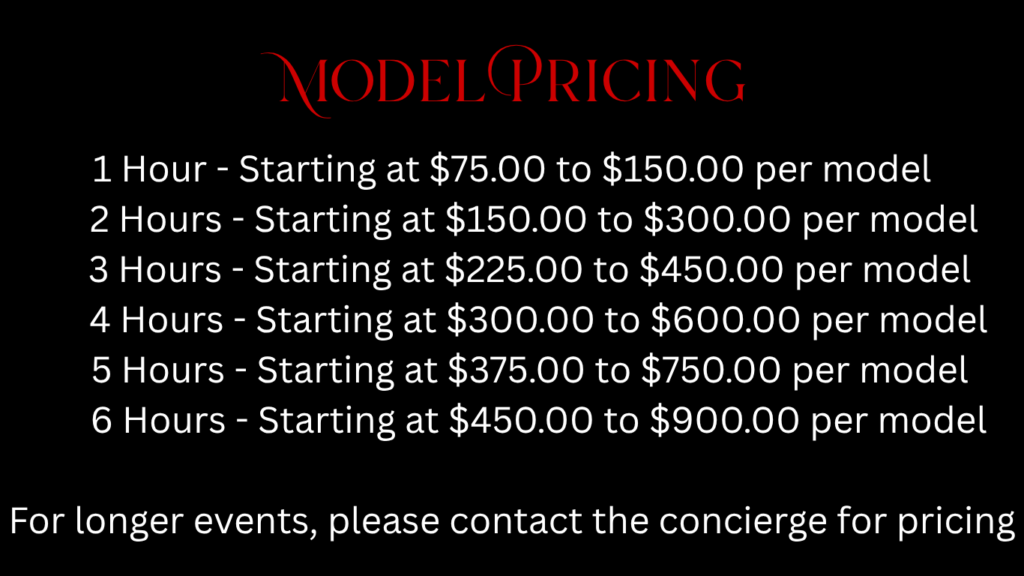 model pricing 1 hour starting at $75.00 to $150.00 per model 2 hours starting at $150.00 to $300.00 per model 3 hours starting at $225.00 to $450.00 per model 4 hours starting at $300.00 t (5)